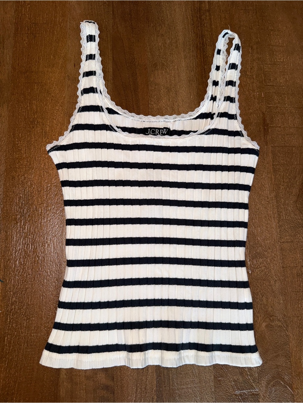 J. Crew Black and White Striped Lace-Trim Ribbed Tank